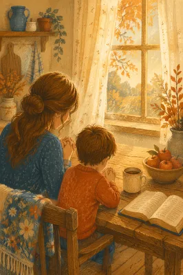 Mother and Child Praying in Autumn Light