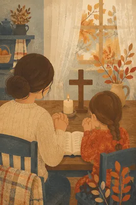 Mother and Child Praying in Autumn Light