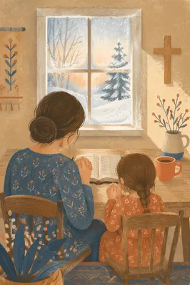Mother and Child Praying on Winter Morning