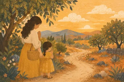 Mother and Child Praying on Garden Path