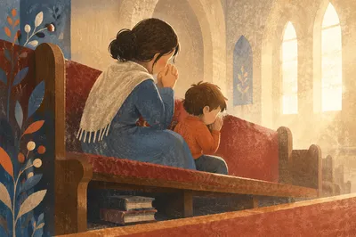 Mother and Child Praying in Winter Light