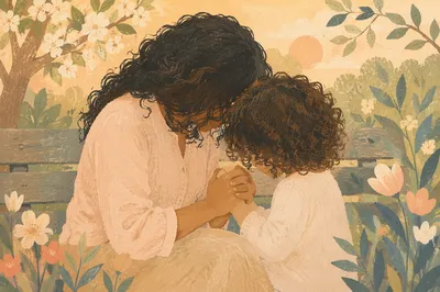 Mother and Child Praying in Spring Garden