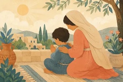 Mother and Child Praying in Spring Light
