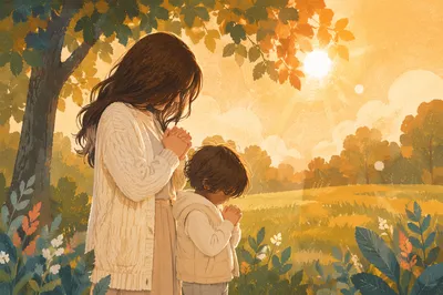 Mother and Child Praying in Golden Park
