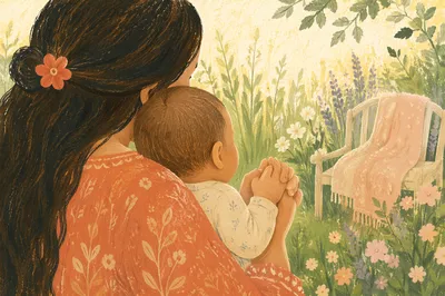 Mother and Infant Praying in Spring Garden