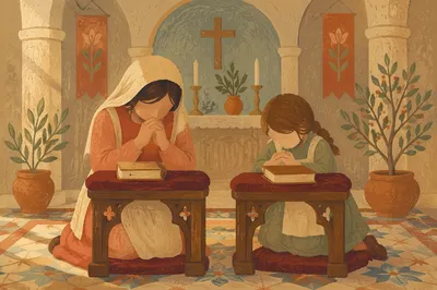 Mother and Child Praying in Winter Chapel