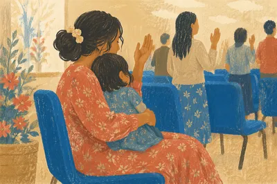 Mother Praying With Child in Spring Gathering