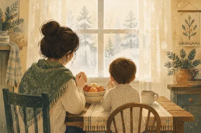 Mother and Child Praying in Winter Light