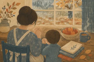 Mother and Child Prayer by Autumn Window