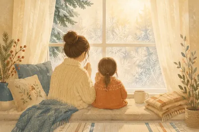 Mother and Child Praying by Winter Window