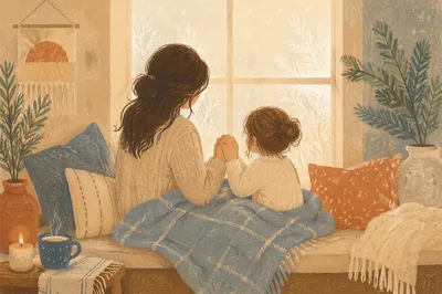 Mother and Child Praying by Winter Window