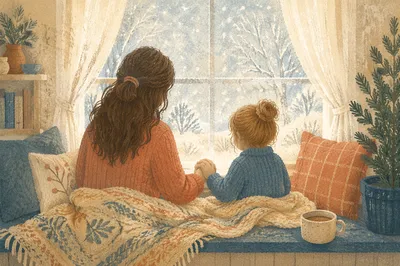 Mother and Child Praying by Winter Window