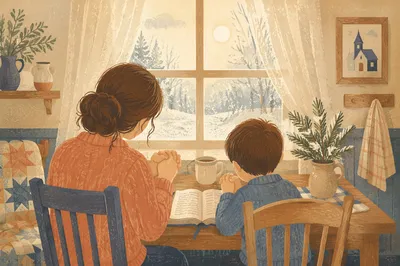 Mother and Child Praying in Winter Light