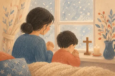 Mother and Child Praying by Frosted Window