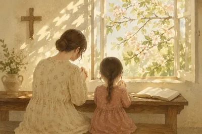 Mother and Child Praying in Spring Light