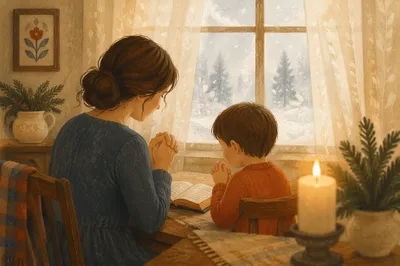 Mother and Child Praying in Winter Light