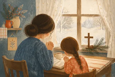 Mother and Child Praying by Winter Window