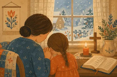 Mother and Child Praying by Winter Window