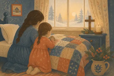 Mother and Child Praying on Winter Morning