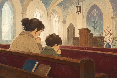Mother and Child Praying in Winter Light