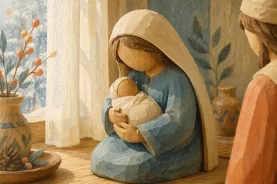 Praying Mother and Child Wooden Figurine