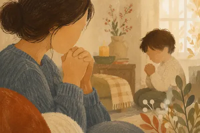 Mother and Child Praying in Soft Light