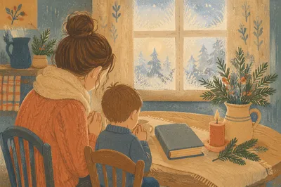 Mother and Child Praying on Winter Morning