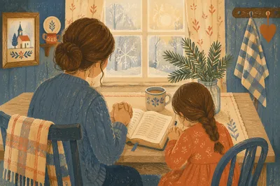 Mother and Child Praying on Winter Morning