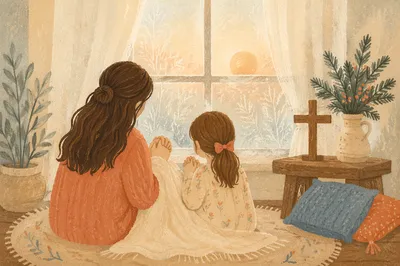 Mother and Child Praying in Winter Light