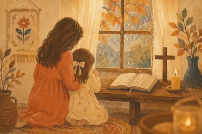 Mother and Child Praying in Autumn Light