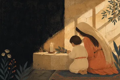 Mother and Child Praying in Winter Chapel