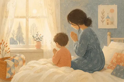 Mother and Child Praying in Winter Light