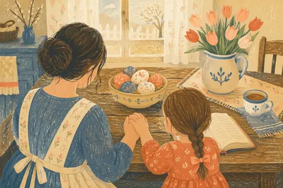 Mother and Child Praying in Spring Light