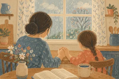 Mother and Child Praying in Spring Light