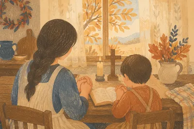 Mother and Child Praying in Autumn Light