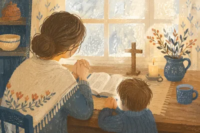 Mother and Child Praying on Winter Morning