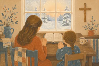 Mother and Child Praying on Winter Morning
