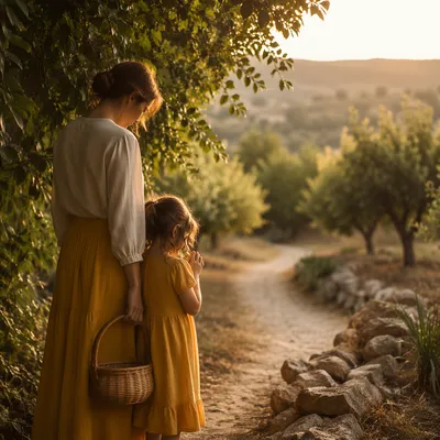 Mother and Child Praying at Golden Hour