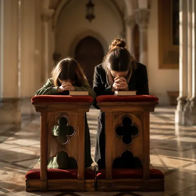 Mother and Child Praying in Winter Chapel
