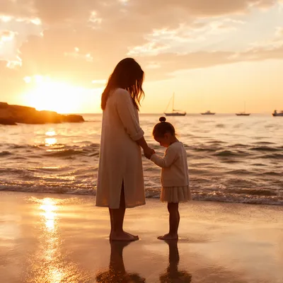 Mother and Child Praying at Sunset Shore