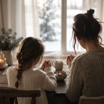 Mother and Child Praying on Winter Morning