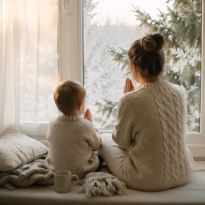 Mother and Child Praying by Winter Window