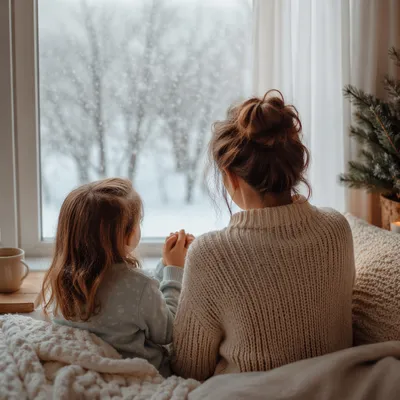 Mother and Child Winter Prayer by Window