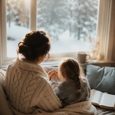 Mother and Child Praying by Winter Window