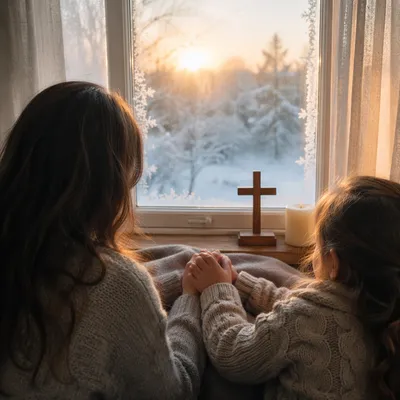 Mother and Child Praying by Winter Window