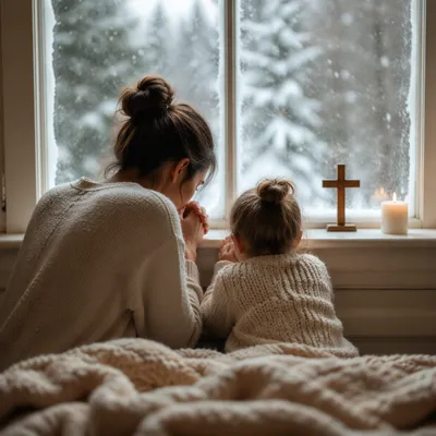Mother and Child Praying by Frosted Window