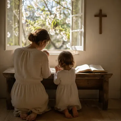 Mother and Child Praying in Spring Light