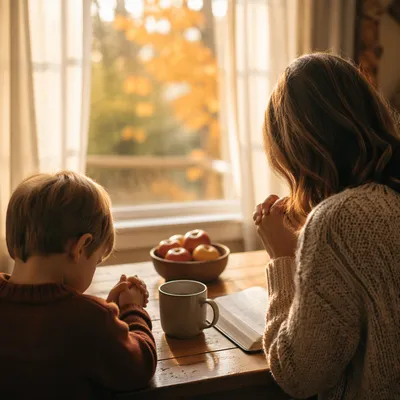 Mother and Child Praying in Autumn Light