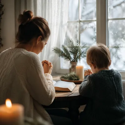 Mother and Child Praying by Frosted Window