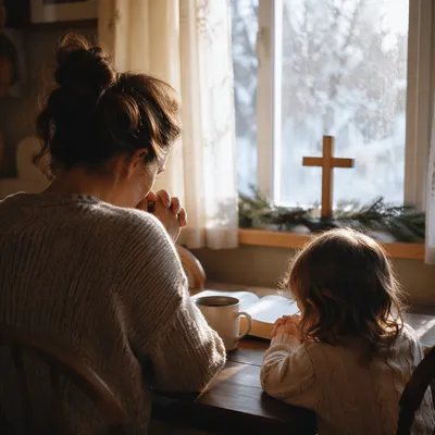 Mother and Child Praying by Winter Window